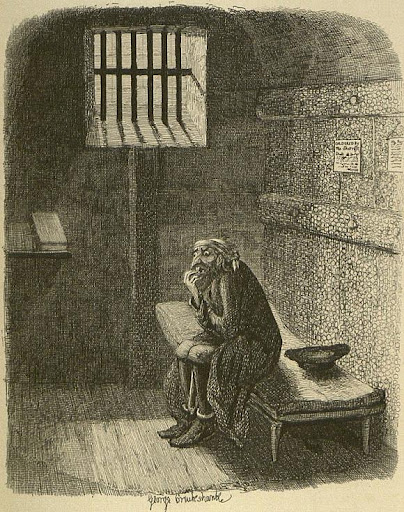 Dibujos e ilustraciones en los libros de Charles Dickens - George Cruikshank. Fagin in the condemned Cell. En Oliver Twist